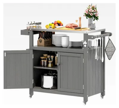 Produktbild von Wetterfeste HIPS Outdoor Kücheninsel mit Edelstahlplatte und Aufbewahrungsschrank, mobiler Vorbereitungstisch mit Rädern für BBQ-Zubereitung, Outdoor Grillwagen für Partys, Dunkelgrau