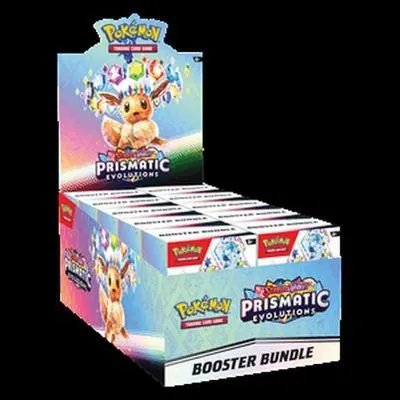 A display box of Pokemon Prismatic Evolutions Booster Bundle trading cards.