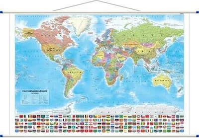 A political world map is displayed, showing countries and continents in various colors. Below the map, there is a row of national flags.