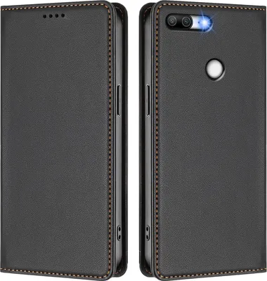 Produktbild von Handyhülle für Honor 9 Lite, Kunstleder Klapphülle Stoßfeste Magnetische Hülle mit Ständer Schwarz