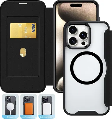 Image de INF Étui Portefeuille Magnétique en CuirPolyuréthaneNoir pour iPhone 16 - Blocage RFID et Porte-Cartes