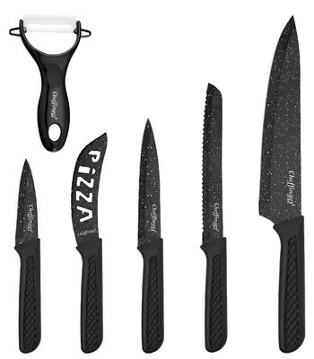 Immagine prodotto di Cheffinger, set di 6 coltelli con pelapatate e tagliapizza antiaderente, nero