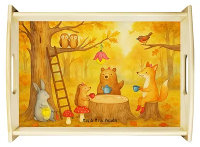 Produktbild von Mr. & Mrs. Panda Servier Tablett Waldtiere Picknick Design - Weiß - Geschenk, holz serviertablett, Igel, aus, Deko, Hase, Lustige Sprüche, Maus, Fuchs, Dekotablett, Wald