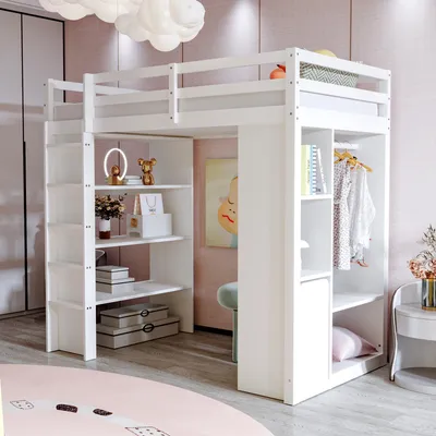 A white loft bed with shelves and a closet area in a child's room.