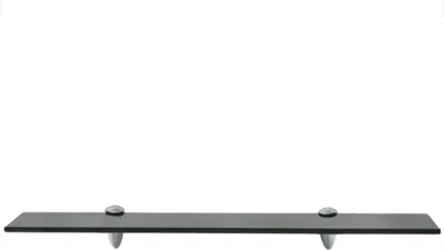 A black glass shelf with two silver mounting brackets, isolated on a white background.