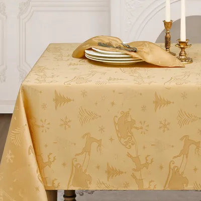 Productafbeelding van Kersttafelkleed, 150 x 300 cm, goud, jacquard, met afbeelding van een rendier en kerstboom, afwasbaar