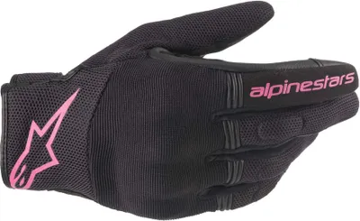 A black Alpinestars glove with pink accents is shown against a white background.