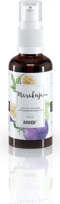 A product shot of a bottle of hair oil with passion fruit imagery.
