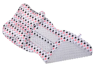 Produktbild von Universal Minky Kinderwagenauflage mit Kissen | Zweiseitige Buggy Sitzeinlage Kuscheldecke | Kinderwagen-Matratze Wendbar | Design: Rosa, Herzen
