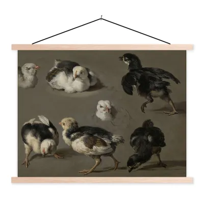 Produktbild von MuchoWow® Textilposter Sieben Küken - Gemälde von Melchior d'Hondecoeter 150x113 cm mit holzfarbenen Rahmen - Poster