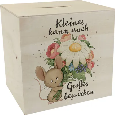 Produktbild von Maus Spardose aus Holz mit Spruch Kleines kann auch Großes bewirken