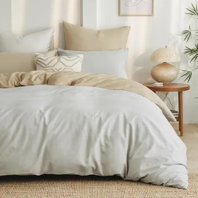 Produktbild von Bettwäsche-Set 200x220 cm Khaki Beige Baumwolle 3-teilig mit 2 Kissenbezügen 80x80 cm Wendebettwäsche Reißverschluss