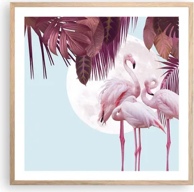 Produktbild von Gerahmtes Poster - Rahmen in heller Eiche - Flamingos Palmen Mond - 60x60 cm - Wand Bild - Wanddeko - Wandbilder - Kunstposter - Wandposter - Bilderrahmen - Bilder - Kunstdruck - P2NAC60x60-4598