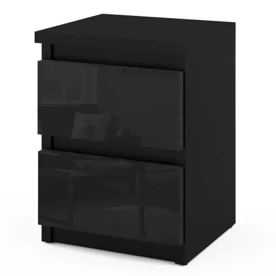 A black bedside table with two drawers against a white background.