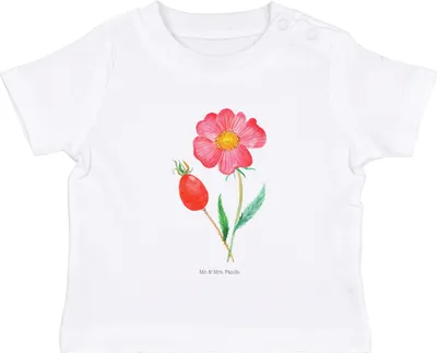 Produktbild von Mr. & Mrs. Panda Babyshirt Blume Hagebutte 0. - 6. Monat - Weiß - Geschenk,  T-Shirt, Lebensfreude, Baby, Öko, Garten, Kinder Top, Kleinkind Shirt, Schlechte Gedanken