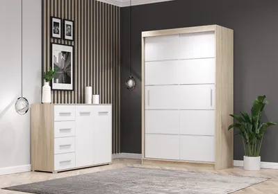 Obrázek produktu pro sada 2 skříní s posuvnými dveřmi Šatní skříň Sonoma/bílá 120cm Neomi 06 s komodou 135cm FRIDA 01