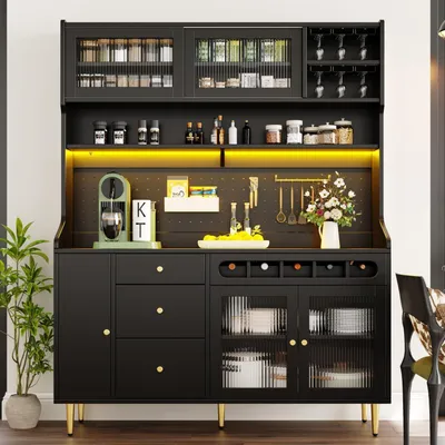 Image de Armoire de cuisine avec éclairage LED, étagère à vin, tiroir, étagères réglables, noire, 145 x 39 x 171 cm