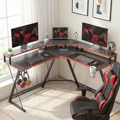 Produktbild von SUGIFT Eckschreibtisch L-förmig mit Steckdosen & USB, Gaming Schreibtisch, Computertisch Schwarz | 128 x 128 x 88 cm | Monitorständer für 2 Screens