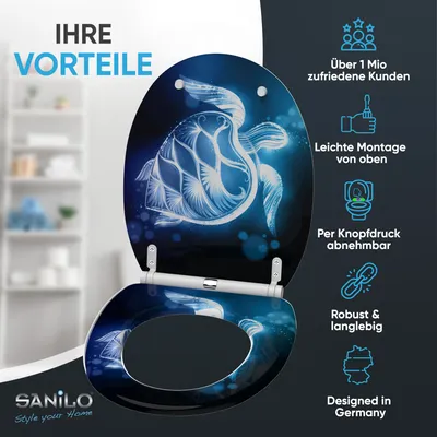 A toilet seat with a glowing turtle design is shown, with text highlighting its benefits.