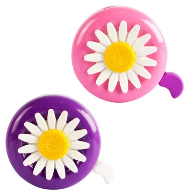 Produktbild von Set mit 2 Kinderfahrradglocken in Lila und Rosa mit Blumenmuster