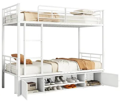 Image de Lit superposé - Structure en métal - 90 x 200 cm - Avec espace de rangement - Armoire à chaussures à double porte - Échelle latérale - Barrières de sécurité - Blanc