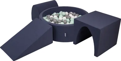 Produktbild von KiddyMoon spielplatz aus schaumstoff mit rund bällebad (200 bälle) ballgruben für babys spielbad hindernisläufen, hergestellt in der eu, dunkelblau:weiß/grau/minze
