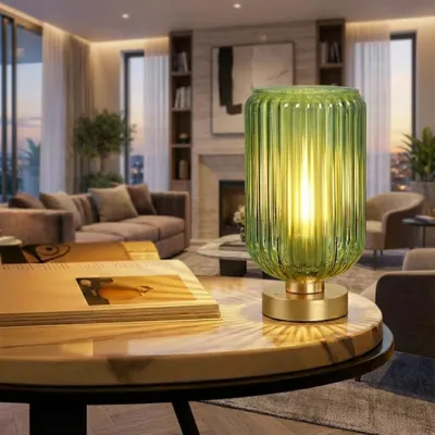 Immagine prodotto di Lampada da tavolo vintage a batteria, verde con base dorata, lampada da tavolo in vetro da 7500 mAh senza fili, regolazione dell'intensità luminosa tramite comando touch, lampada da notte retrò in stile Mid-Century per camera da letto e soggiorno, inclusa lampadina LED E27