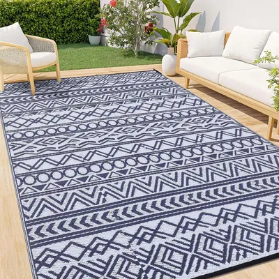 Image de Tapis d'extérieur, résistant aux intempéries, motif géométrique, bleu marine et blanc, 120x180 cm