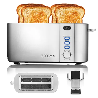 A silver toaster with two slices of toast in it, shown from the front.