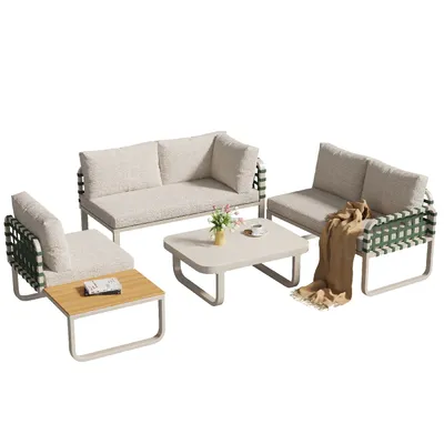 Produktbild von Garten Lounge Set,Grünes Leder Rattan Gartenmöbel Set,Modernes Outdoor Sofa Set,inkl.Sitz-und Rückenkissen,Balkonset,Garten und Terrasse