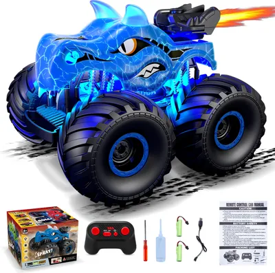Produktbild von Ferngesteuerter Monstertruck Ferngesteuert, 2.4GHz Monster Truck Ferngesteuert mit Spray, Licht und Sound, Ferngesteuertes Auto ab 3 4 5 6 8 Jahre Mädchen Kinder, All-Terrain Monstertruck mit 2 Akkus