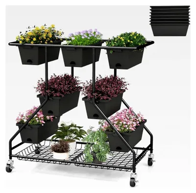 Produktbild von 3-stöckiges Hochbeet mit Rollen, Blumenbeet mit 7 Pflanzkästen und Metallgitter, Vertikalbeet mit Abflusslöchern, Blumenkasten aus Metall für Gemüse, Kräuter und Blumen