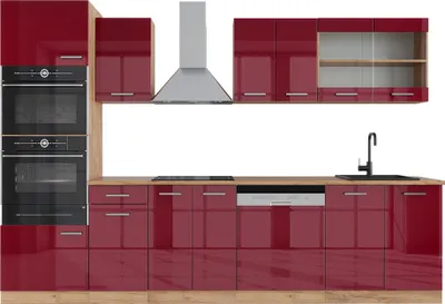 Produktbild von Vicco Küchenzeile R-Line, 300 cm mit Hochschrank, ohne Arbeitsplatte, Bordeaux Hochglanz/Eiche Gold