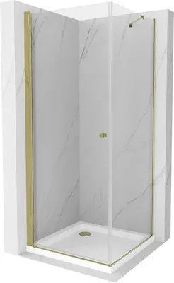 Produktbild von Mexen Pretoria kippbare Duschabtrennung 80 x 80 cm, Transparent, Gold + Duschwanne Flat - 852-080-080-50-00-4010