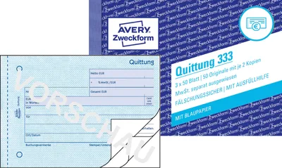 Produktbild von Avery Zweckform 333, Quittung MwSt. separat ausgewiesen, A6 quer, mit Blaupapier, 3x50 Blatt