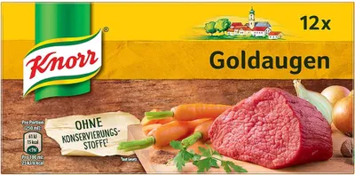A product package for Knorr Goldaugen Rindsuppe Würfel, featuring ingredients like beef, carrots, and onions.