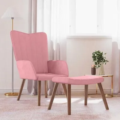 Produktbild von Rosa Relaxsessel aus Samt mit Hocker, Polstersessel mit Armlehne und Metallrahmen, moderner Loungesessel für Wohnzimmer und Schlafzimmer, bequemer Lesesessel mit Massivholzbeinen
