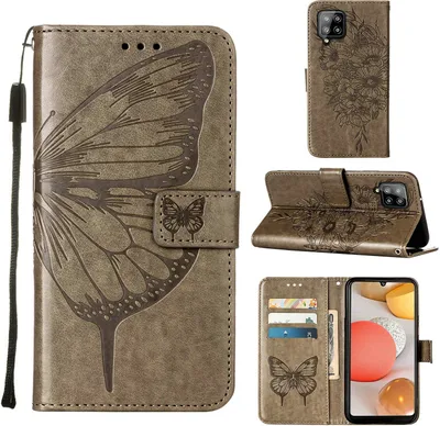 Produktbild von Galaxy A42 5G Hülle, Schmetterling Prägung Flip Leder Kartenfächer Schutzhülle Ledertasche mit Ständer für Samsung Galaxy A42 5G Grau