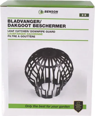 The image shows the packaging of a leaf catcher for downpipes.