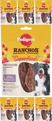 Produktbild von Pedigree Ranchos Superfoods - natürliche Trockenleckerlis für ausgewachsene Hunde mit Truthahn, Cranberries und Reis, 7 Stück à 70g