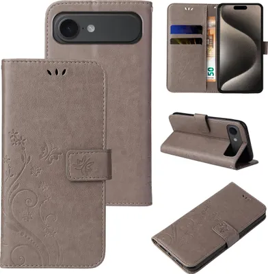 Produktbild von Handyhülle für Apple iPhone 17 Air Floral Blumen Schmetterling Flip Cover Hülle Case Klapphülle Handytasche Farbe: Grau
