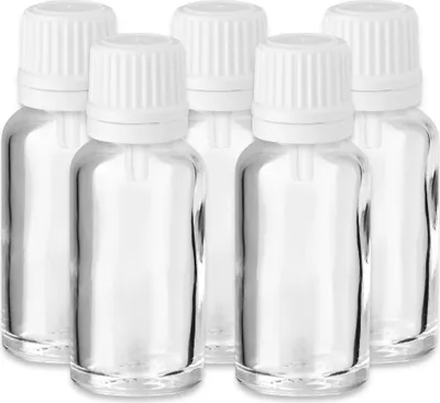 Produktbild von 5x Klare Glasflasche 20 ml mit weißem Tropfeinsatz und Verschluss leer