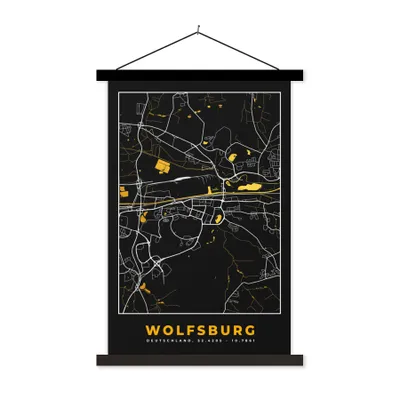 Produktbild von MuchoWow® Textilposter Schwarz und Gold - Stadtplan - Wolfsburg - Deutschland - Karte 40x60 cm mit schwarzem Rahmen - Wanddekorationen