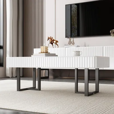 Immagine prodotto di mobili da soggiorno okwish SET Tavolino moderno e porta TV con cassetti e ripiani aperti, set di mobili contenitori con piano d'appoggio lucido, bianco e nero