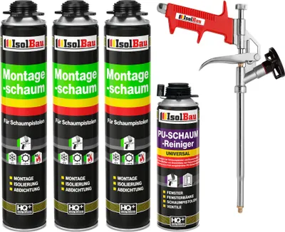 Produktbild von Isolbau Bauschaum-Set - Inkl. 3x 1K Montageschaum Pistolenschaum (je 750 ml), 1x Schaum-Pistole & 1xPU - Schaum-Reiniger (500 ml)