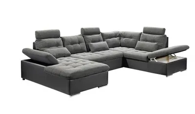 Produktbild von Couch "Jakarta" Wohnlandschaft Sofa Lederlook Schlaffunktion Schlafsofa schwarz grau dunkel gemustert Ottomane rechts 324 cm