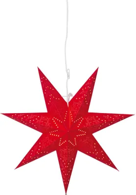 A red star-shaped lantern hanging from a white cord against a white background.