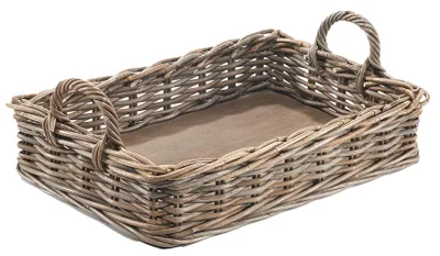 Zdjęcie produktu dla Taca Kobolo 56x38x12 cm z rattanu z drewnianą podstawą ręcznie pleciona kubu szary szary - dekoracyjna taca do serwowania taca drewniana taca dekoracyjna deska do serwowania