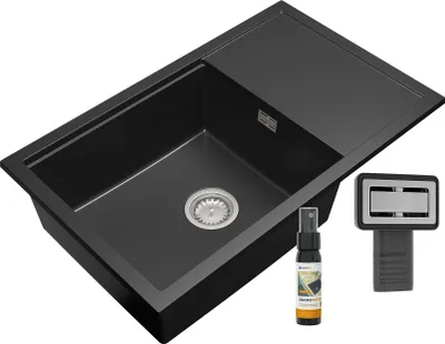 Zdjęcie produktu dla Granitan | Zlewozmywak granitowy 1-komorowy ROJA - 800 x 500 mm - z ociekaczem i chromowanym syfonem - nowoczesny i funkcjonalny