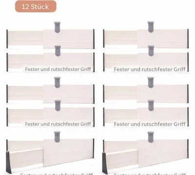 Zdjęcie produktu dla Zestaw 12 przegródek do szuflad JustValue – regulowane w zakresie 28–43 cm – wysokość 10 cm – kolor biały